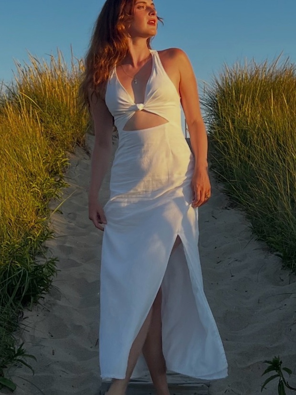Peppermayo White Linen + Cotton Blend Sleeveless Dress with Low Back & Leg Slit